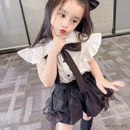 Clothing Sets Summer Girl Suit ChildrenS Clothing European American Style Small Flying Sleeve Shirt+Shorts Students Clothes School Uniform