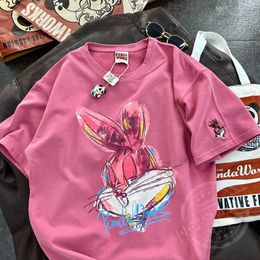 2024 Spring New Korean Cartoon Rabbit Painting Leisure Half Sleeve Round Neck Pullover Pure Cotton Short Sleeve T-shirt for Women