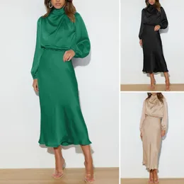 Casual Dresses Women Elegant Dress Loose Mid-length Satin Lantern Sleeve Evening For Wedding Cocktail Party Women's Midi