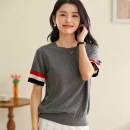 Summer thin TB short sleeved cotton knit sweater for women loose and short three stripe T-shirt internet red top trendy