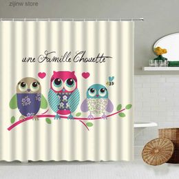 Shower Curtains Cute Owl Kids Bathroom Shower Curtain Fun Elephant Giraffe Cartoon Animal Love Flower Room Wall Deco With Hook Waterproof Screen Y240316