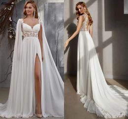 Shoulder Stylish Wraps Long Chiffon A Line Wedding Dresses Sexy Split Exquisite Boho Lace Bridal Gowns Illusion Back Buttons Sweep Train Bride Robes De Mariee