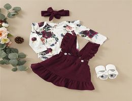 Cute Kids Clothes Spring Autumn Infant Baby Girl Clothes Floral Romper Strap Skirt Dress Headband 3PCS Outfits Toddler Clothing Se1139240