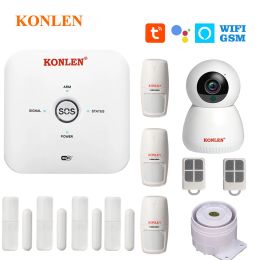 Kits KONLEN Tuya WIFI GSM Alarm System Wireless Door Sensor Smoke Detector IP Camera Google Alexa Smart Life App For Home Security