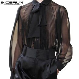 INCERUN Men Sexy Shirt Mesh See Through Lapel Long Sleeve Camisas WIth Tie Streetwear Pleated Solid Party Men Clothing 5XL 240313