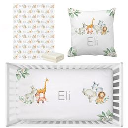 LVYZIHO Baby Crib Bedding Set Nursery Elephant Lion Sheet Personalized Name Jungle Animals 240304