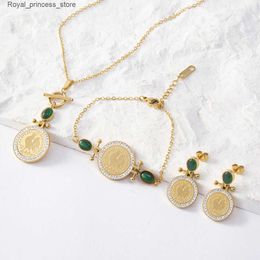 Wedding Jewelry Sets February 2023 New Womens Fashion Jewelry Set Jade Rooster Coin Necklace Stainless Steel Jewelry Accessories Holiday Gift Q240316