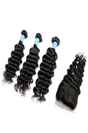 Deep Wave Brazilian Virgin Human Hair Bundles with Closure 44 Natural 1B Colour Indian Peruvian Malaysian Hair High Quality6902835