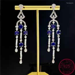 Dangle Earrings Fashion Versatile Sapphire 925 Silver Plated Platinum Women's Simple Ins Style Tassel