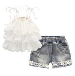 Summer Korean childrens clothing girls suit Chiffon cake sling pants 2pcs pearl flower halter top denim shorts kids S2506814