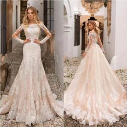 Champagne Wedding Dresses Off Shoulder Lace Appliques Long Sleeves Tulle Bridal Gowns Customized Mermaid Wedding Dresses