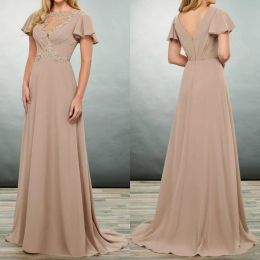 2024 Elegant Mother of the Bride Dresses Short Sleeves Appliques Chiffon Evening Gowns Floor Length Plus Size Wedding Guest Dress