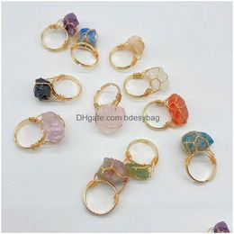 Solitaire Ring Irregar Natural Crystal Stone Adjustable Band Rings For Women Girl Fashion Party Club Gold Plated Jewellery Drop Deliver Dhok6