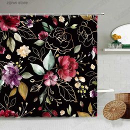 Shower Curtains Floral Shower Curtains Abstract Gold Rose Red Yellow Watercolour Flower Plant Modern Cloth Bathroom Decor Black Bath Curtain Set Y240316