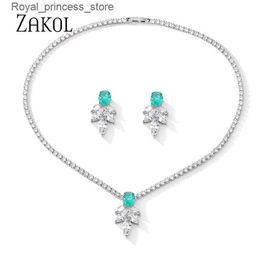 Wedding Jewellery Sets ZAKOL New Fashion Oval Ice Cracked Cubic Zirconia Earrings Necklace Jewellery Set Womens Wear Q240316