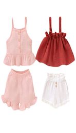 Baby Girls Sling Suit Solid Ruffle Tops Elastic Lace Shorts Kids Casual Clothes Girls Outfits Infant Vest Toddler Baby Clothes 0603115763