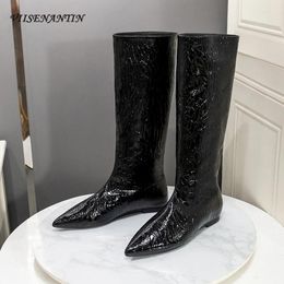 Boots Est Crocodile Pattern Knee High Women Pointed Toe 1.5cm Flat Heel Knight Cowboy Shiny Leather Shoes For Females