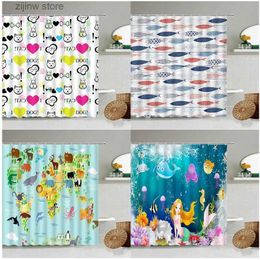 Shower Curtains Cartoon Shower Curtains Funny Dogs Bone Fish Animals Map Ocean Mermaid Print Children Bathroom Decor Bath Curtain Set With Hooks Y240316