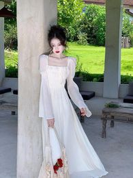 Casual Dresses French Sweet White Elegant Princess Evening Party Long Women Autumn Slim Sleeve Backless Ruffles Pleated Dress Chic