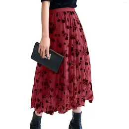 Skirts 2024 Ladies Tulle Flocked Large Swing Mesh Skirt Maxi Retro High Waist Floral Print Mid Length A Line