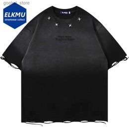 Men's T-Shirts Distressed Ripped T Shirts Metal Star Tee Emrboidery Vintage Loose Tshirt 2024 Men Harajuku Streetwear Oversized Hip Hop T-shirt Q240316