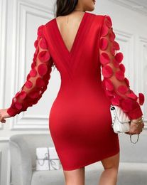 Casual Dresses Sexy Slim Red Dress For Women 2024 Spring Summer Fahsion Floral Pattern Sheer Mesh Patch V-Back Banquet Party Mini
