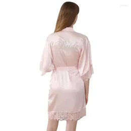 Women's Sleepwear Pink WEDDING Bride Dress Women Satin Robe Kimono Intimate Lingerie Sexy Lace Homewear 3/4 Sleeve Nightwear Rayon