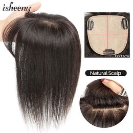 Isheeny 8 12 Human Hair Topper Natural Black Breathable Mono Base Hair Piece 12x12cm Top Wig With Clips In Human Hair 240314
