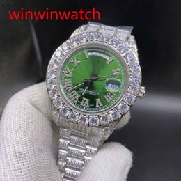 Men's Hip Hop Watch Prong Set Diamond Watch Silver Stainless Steel Case Strap green face Automatic Mechanical Watch 43MM250O