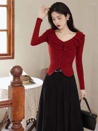 Work Dresses French Style Retro 2 Piece Set For Women Ruffled V-neck Red Knitted Cardigan Black Pleated Skirt Female Elegant OL Outfits Belt