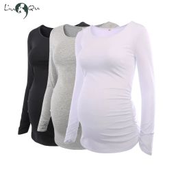 Tanks Women's Maternity Tunic Tops Mama Clothes Flattering Side Ruched Long Sleeve Scoop Neck Pregnancy Tshirt Breastfeeding Clothing