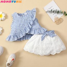 Fashion born Toddler Baby Girls Clothes Sets ruffless plaid Sleeveless Romper Tops Bow Skirts lace 2pcs Outfit Set 240314