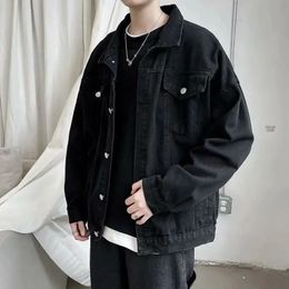 Black Denim Short Jacket Men Jeans Jacket Coats Casual Windbreaker Pockets Overalls Bomber Streetwear Man Clothing Outwear 240314