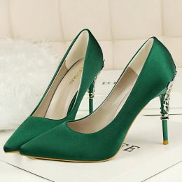 Boots 2022 Luxury 10cm High Heels Woman Metal Carving Heels Silk Dress Pumps Lady Wedding Bridal Scarpin Catwalk Green Burgundy Shoes