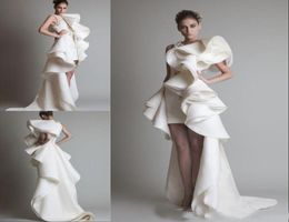 2018 Unique Design White Ivory Ruffles Wedding Dresses One Shoulder Appliques Sheath HiLo OrganzaSatin Krikor Jabotian Bridal Go3360894