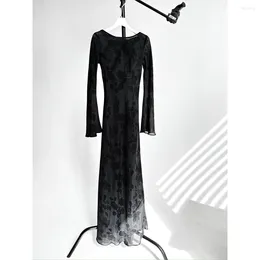 Casual Dresses 2024 Spring And Summer Niche Vintage Silk Print Long Sleeve Flared Slim Dress Women