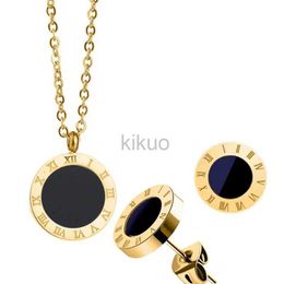 Dangle Chandelier 316L Stainless Steel Simple Black Enamel Roman Numeral Pendant Earring Necklace Jewellery set LL780 24316