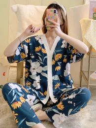 Sleepwear 2022 Summer Cotton Printing Girls Pyjamas Maternity Cardigan Pregnancy Sleepwear Women's Household Clothes Mother Kids Supplies