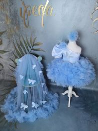 Sky Blue Tulle Beading One Shoulder Feathers Applique Flower Girl Dress For Wedding Child First Eucharistic Birthday Party 240312