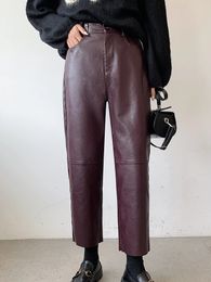 QOERLIN Fall Winter PU Leather Pant Elegant High Waist Pockets Faux Harem Female Back Elastic Trousers 240309