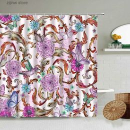 Shower Curtains Floral Shower Curtain Colorful Hand Painted Abstract Flower Plant Leaf Butterfly Bathroom With Hook Waterproof Polyester Screen Y240316
