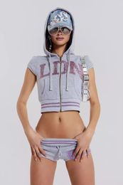 Women's Two Piece Pants Summer Sexy Spicy Girl Grey Hoodie Short Sleeved Top Ultra Shorts Set For Women