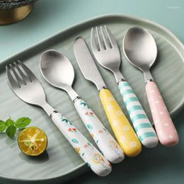 Dinnerware Sets Stainless Steel Spoon Ceramic Handle Non-slip Design Cartoon Lovable Portable Creative Idea Childrens Dessert And Fork