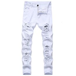 Straight Hole Destruction Trousers Distressed Jeans Men Denim Fashion Designer Brand White Pants Male Large Size 40 42 240311