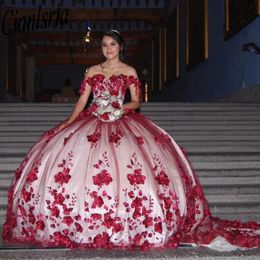 Red Off The Shoulder Corset Ball Gown Quinceanera Dresses Beaded Appliques Formal Prom Birthday Gowns Princess Sweet 16 15