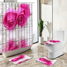 Shower Curtains Floral Shower Curtain Vintage Old Wooden Board Rose Sunflower Poppy Print Home Girl Bathroom Decor Rug Toilet Cover Bath Mat Set Y240316