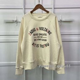 Zadig Voltaire Women's Hoodies Sweatshirts 23AW ZV Classic Letter Embroidery Raglan Sleeve Silver Gloss Round Neck Sweater 8642