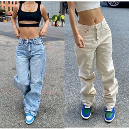 Y2K Womens Jeans Fashion Loose Denim Wide Leg Pants Street Casual Female Trousers Blue/Off White S-XL Drop 240309