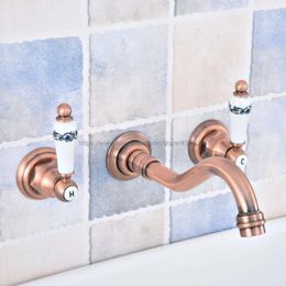 Bathroom Sink Faucets Brass Dual Ceramics Handles Basin Faucet Wall Mount Mixer Tap Antique Red Copper Nsf524