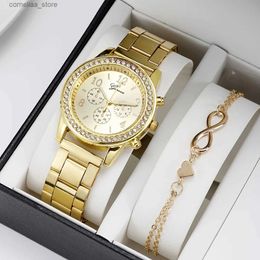 Other Watches 1pc Rhinestone Womens Alloy Steel Strap Quartz + 1pc Bracelet Fancy Women es Jewellery Sophisticated And Stylish Y240316